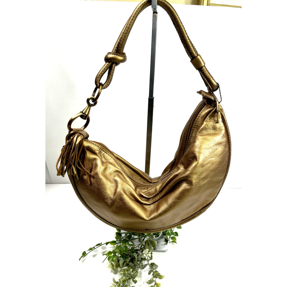 Fossil Metallic Gold Hobo‎ Shoulder Bag Purse Pebbled Genuine Leather Crescent